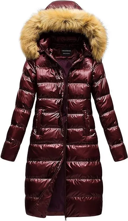 CREATMO US Women's Long Winter Faux Fur Coat Puffer Warm Jacket with Detachable Hood