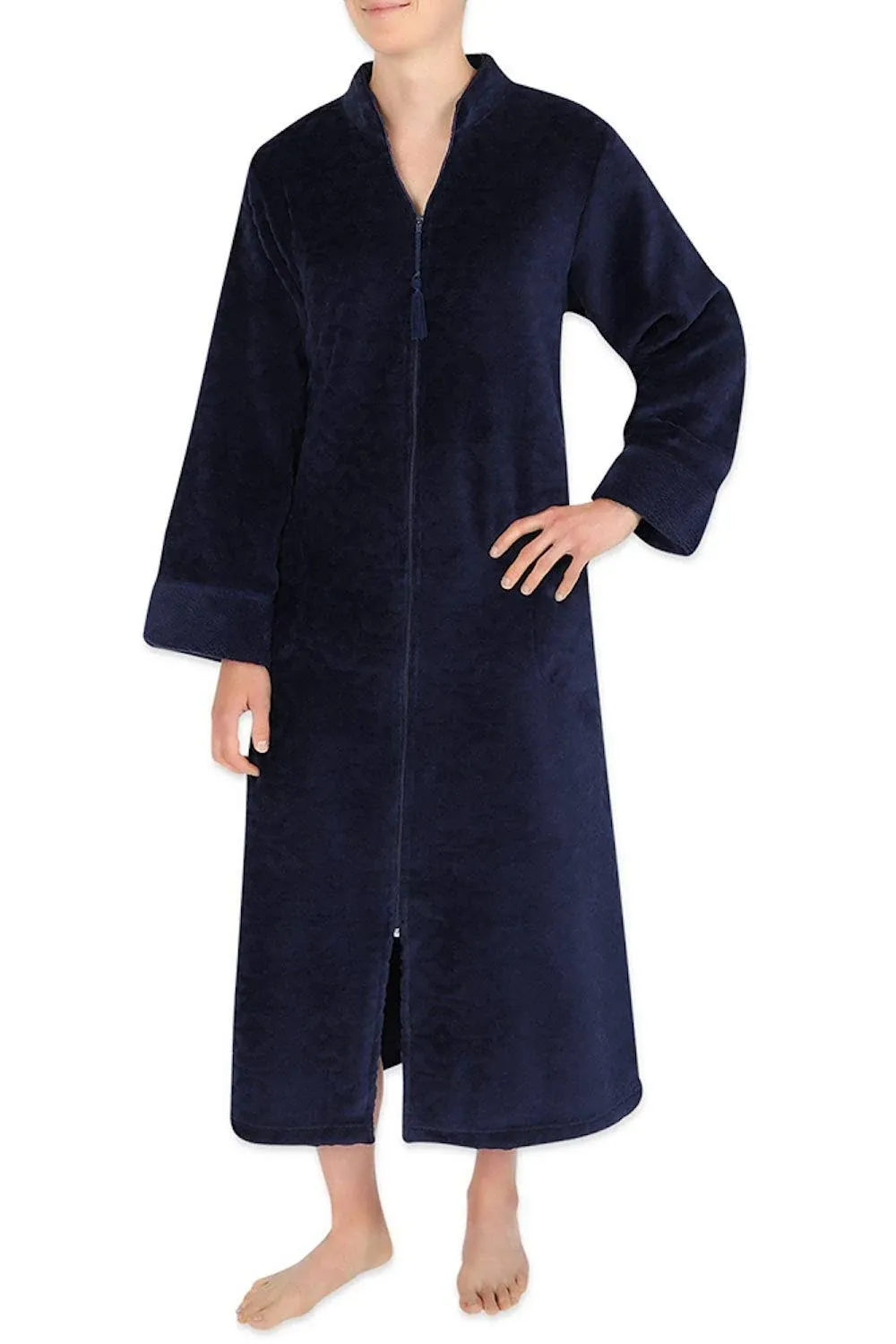 Miss Elaine Women's Long Fleece Robe, Long Sleeves and Zipper Front Closure, Collared Neck with Side Pockets