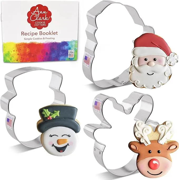 Faces of Christmas Cookie Cutters 3-Pc. Set Made in USA by Ann Clark, Santa Face, Reindeer Face, Snowman Face