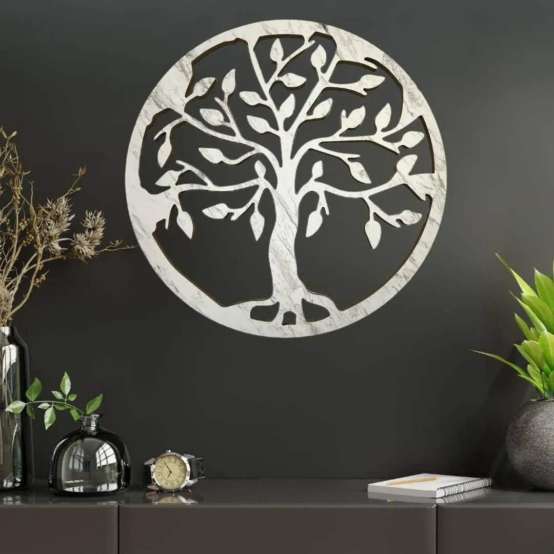 Handcrafted Wood Tree of Life Wall Decor Unique Family Art For Home Sign Living Room White Marble Gift For Her