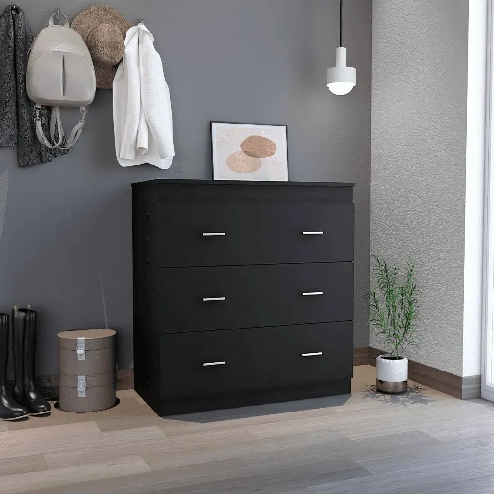 Three Drawer Dresser Whysk, Superior Top, Handles, Black Wengue Finish