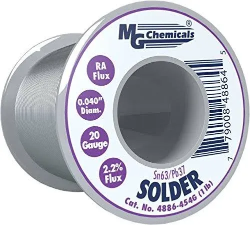 MG Chemicals 4886-454G, Sn63/Pb37 Rosin Core Leaded Solder, 0.04&#034; Diameter