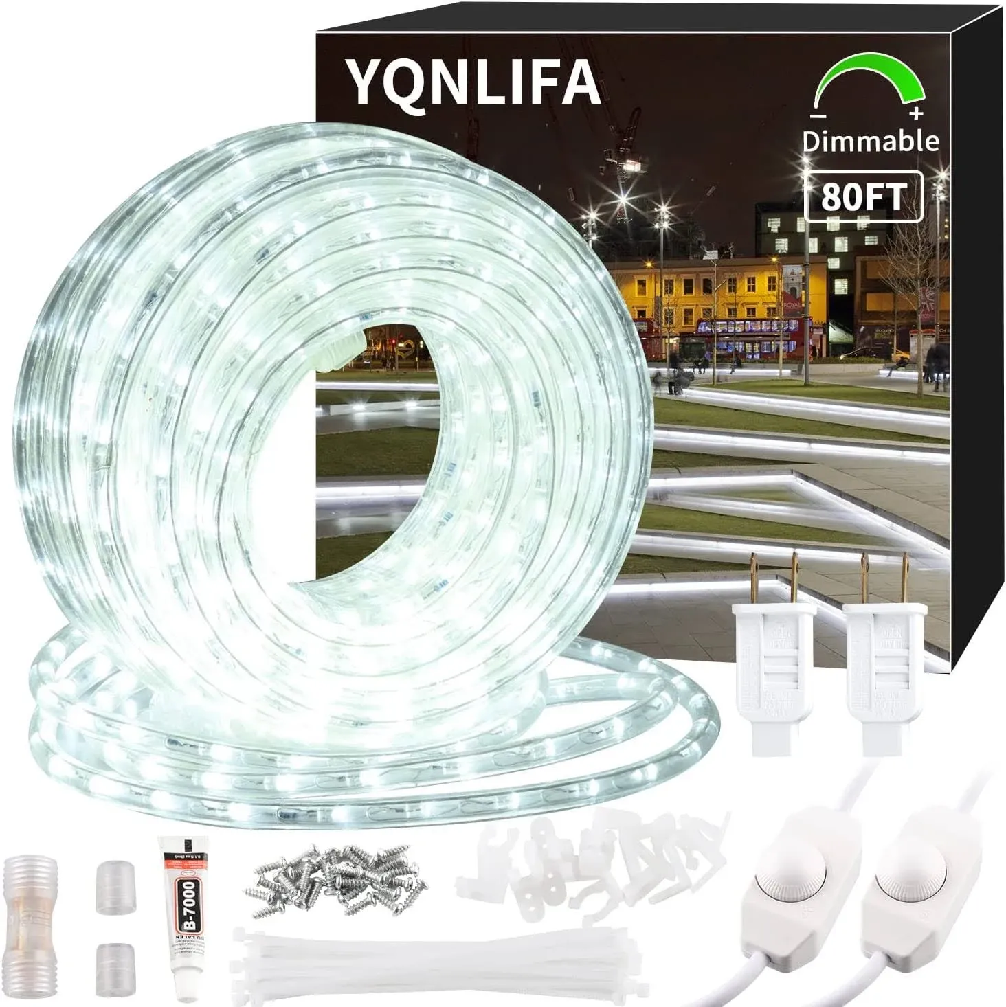 YQNLIFA Dimmable 80ft LED Rope Lights, 864 LEDs IP65 Waterproof Outdoor Indoor Linkable Cuttable Rope Light, 110V 6000K Daylight White Rope Light