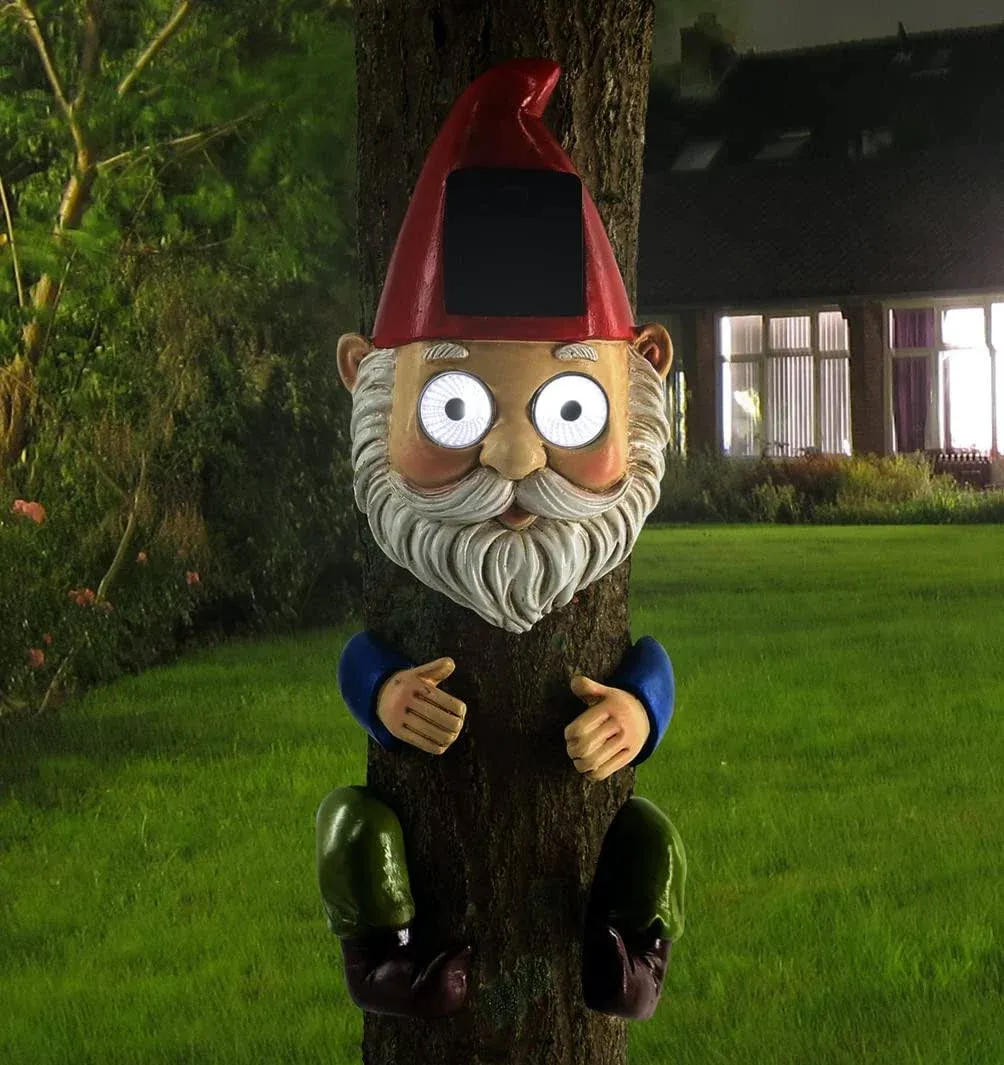 Gnome Solar Tree Hugger Sculpture with LED Lights for Outdoor Decoration - Funny