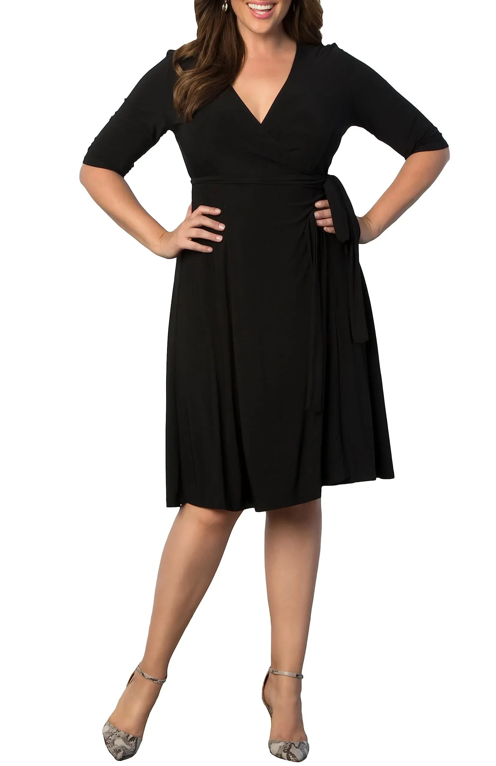 Kiyonna Plus Size Essential Midi Wrap Dress with Sleeves | Cocktail, Party, Wedding Guest or Work