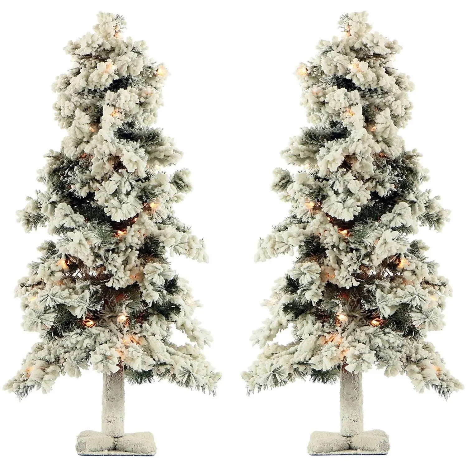 Fraser Hill Farm -  5.0-Ft Snowy Alpine Snow Flocked Christmas Tree with Lifelike Trunk Base and Clear Lights, Set of 2