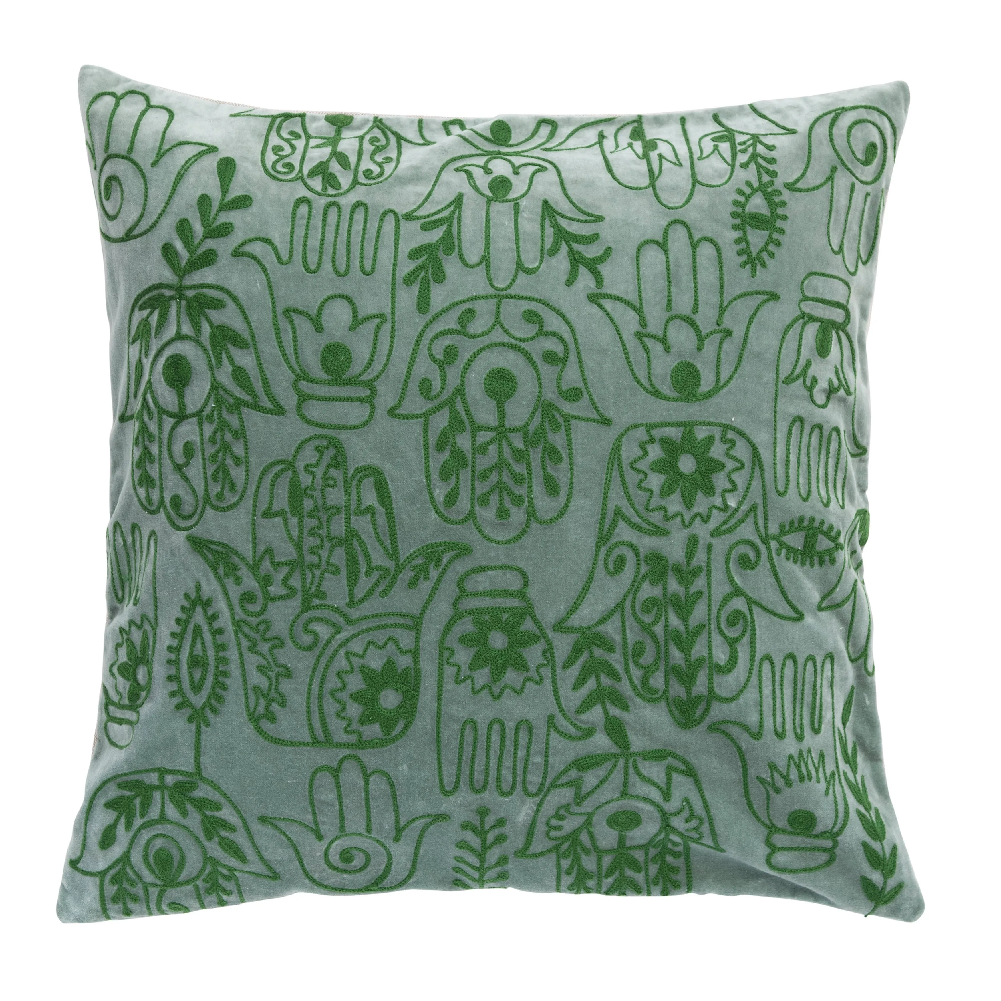 Embroidered velvet pillow with hamsa hand design