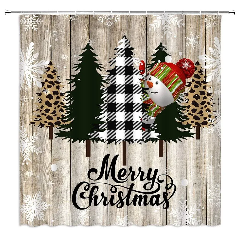 FILMILIL Merry Christmas Snowman Shower Curtain Funny Xmas Tree Snowflake Hum...