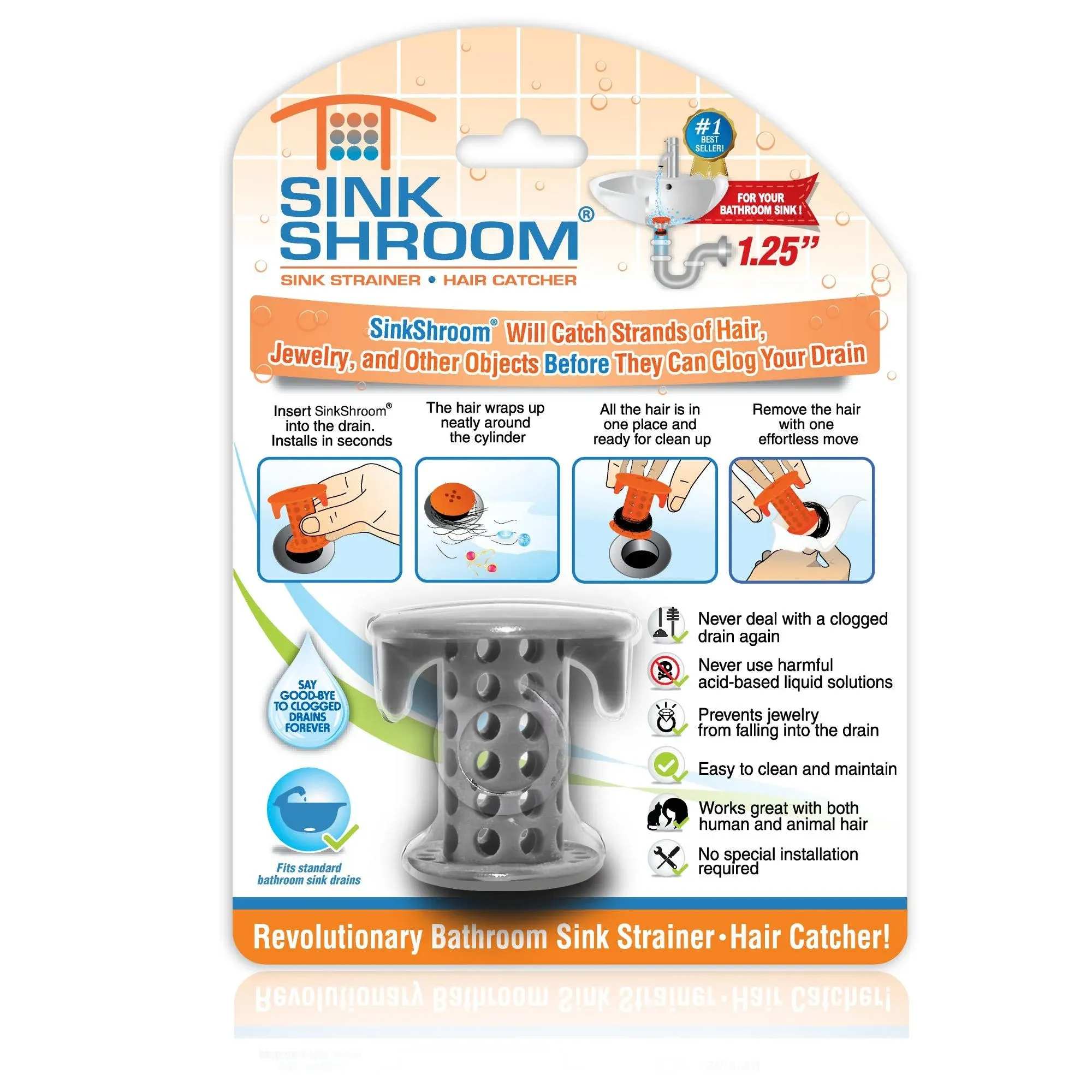 SinkShroom The Revolutionary Sink Drain Protector Hair Catcher/Strainer/Snare, Gray