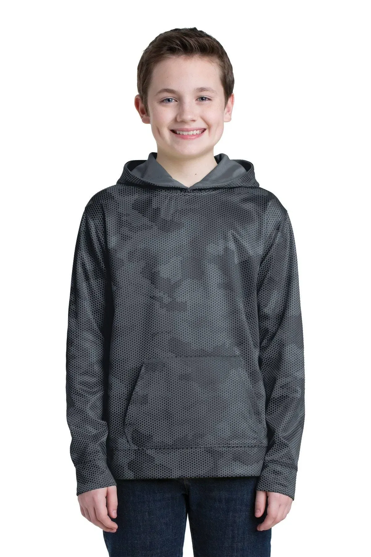 Sport-Tek YST240 Youth Sport-Wick CamoHex Fleece Hooded Pullover - Dark Smoke Grey