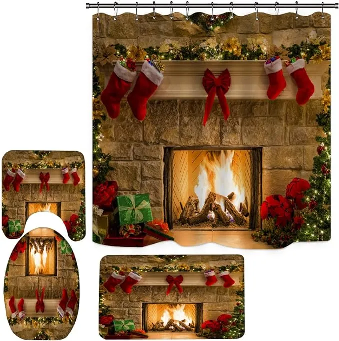 Christmas Fireplace Shower Curtain Set for Bathroom, 4PCS Vintage Christmas Bathroom Sets with Shower Curtain and Rugs, Xmas Eve Stocking Shower Curtain for Restroom 72x72 Inches (G5)