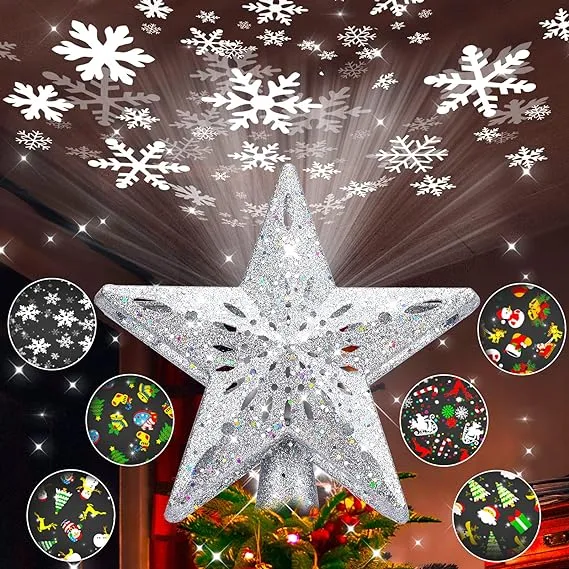 Christmas Tree Topper Lighted with 6 Pattern Projection Modes, Christmas Star Tree Topper Built-in LED Rotating Lights, 3D Glitter Projector for Christmas Decorations (Silver)