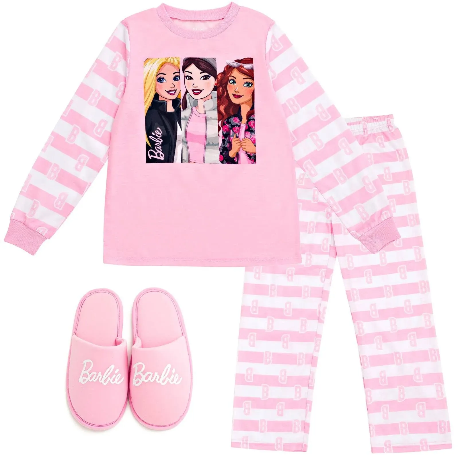 Barbie Big Girls Pajama Shirt Pants and Slippers 3 Piece Pink 10-12