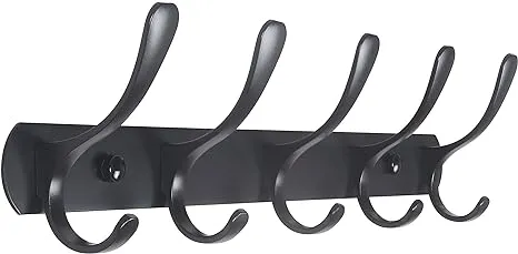 SKOLOO Coat Rack Wall Mount - Modern, Metal Wall Coat Rack with 5 Hooks, Sturdy Wall Hook Rack Rail for Hanging Coat, Jacket, Clothes, Hat, Matte Black