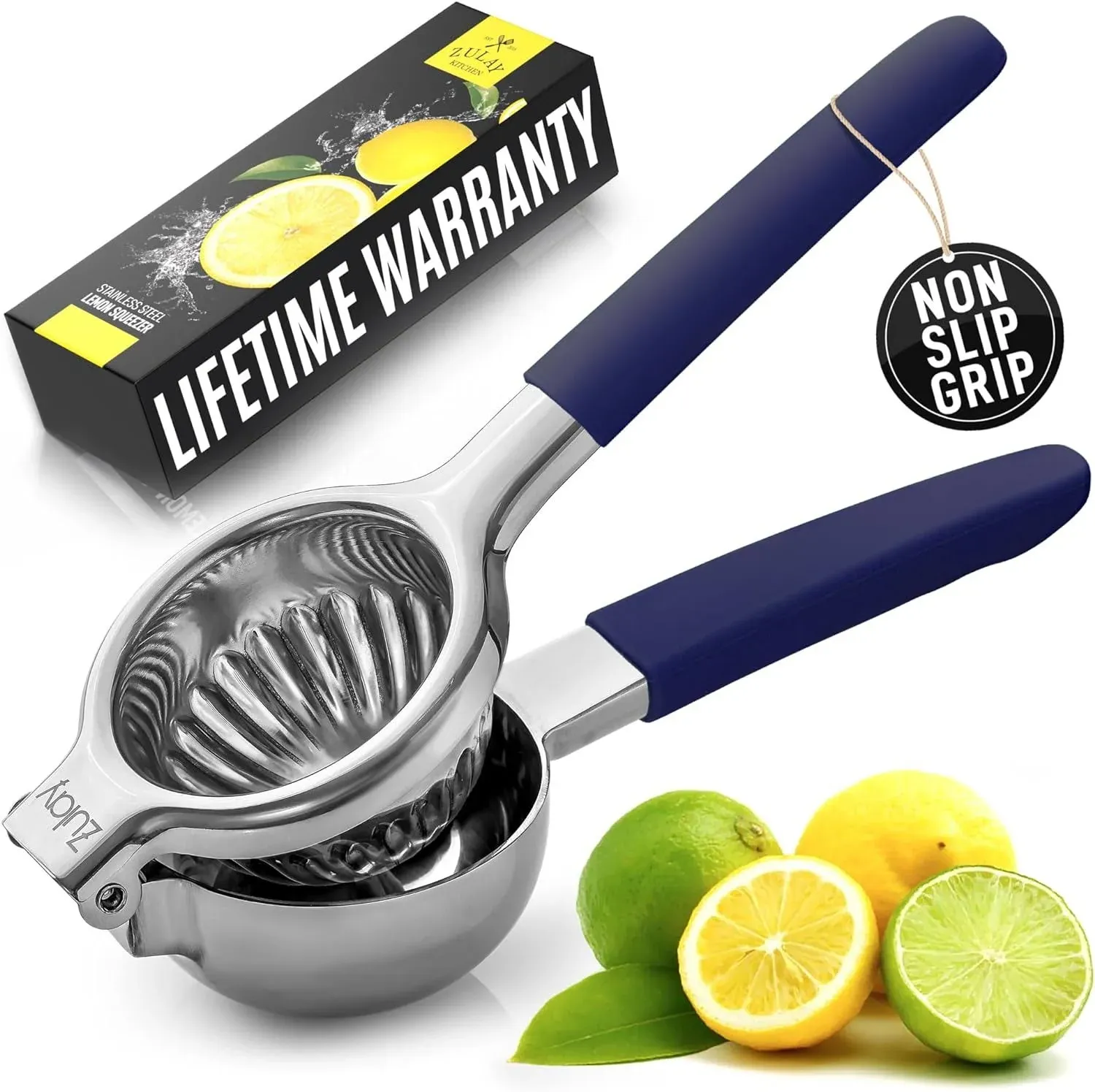 Zulay Lemon Squeezer Stainless Steel with Premium Heavy Duty Solid Metal Squeezer Bowl and Food Grade Silicone Handles - Large Manual Citrus Press Juicer and Lime Squeezer Stainless Steel (Navy)