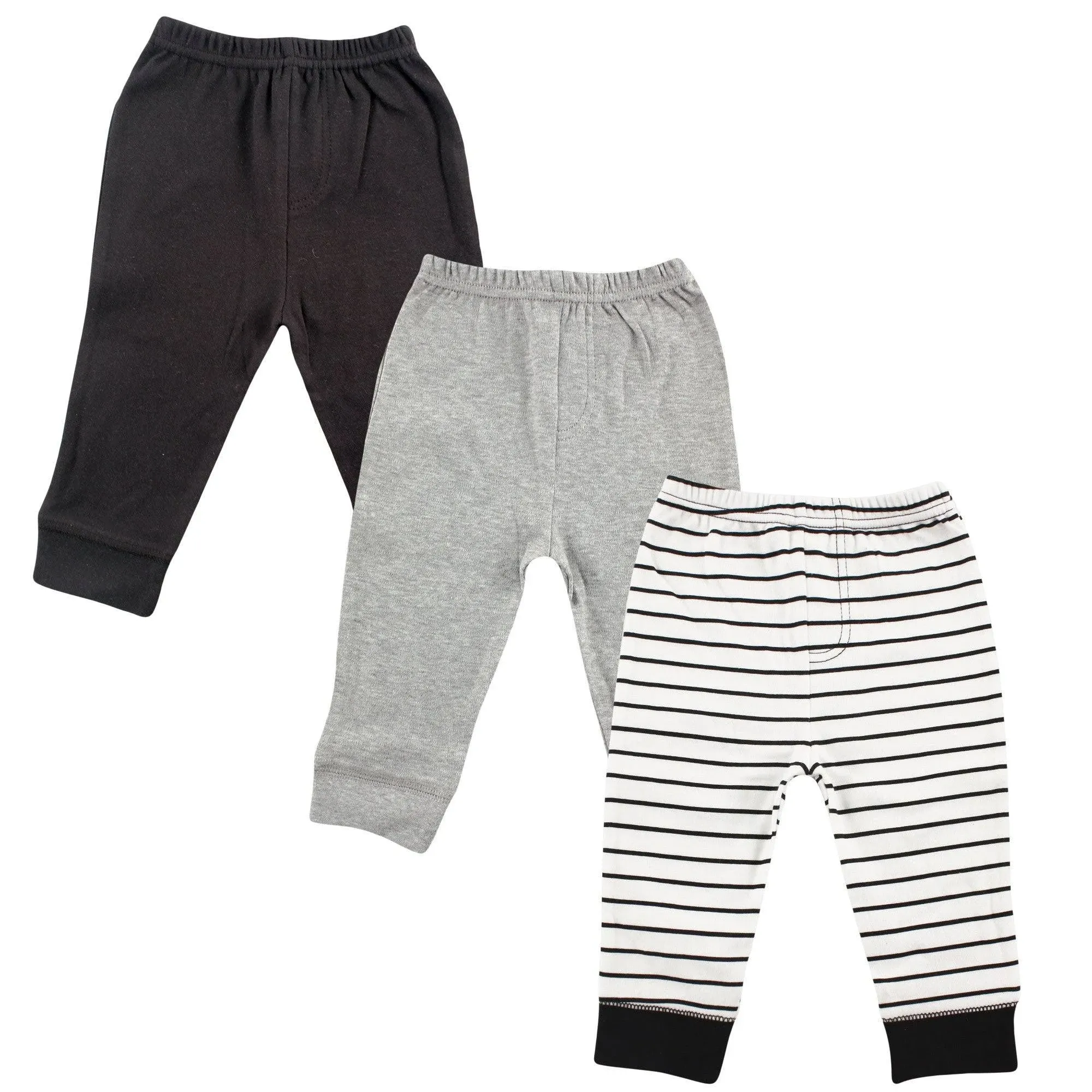 Luvable Friends Baby and Toddler Boy Cotton Pants 3pk, Black Stripe, 0-3 Months