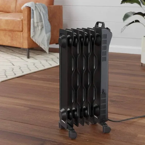 Basics Portable Radiator Heater with 7 Wavy Fins, Manual Control, Black, 1500W