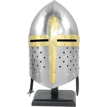 Sugarloaf Steel Helmets | Medieval Knight Sugarloaf Helm For Warriors With Black Wooden Stand | 20G Sugar Loaf Helmet | Free Size Wearable Adult Helmets & Metal Armour Costume Accessories