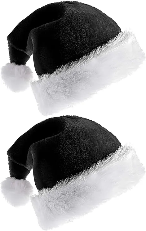 2Pack Black Santa Hat - Adults Deluxe Black And White Xmas Christmas Hat