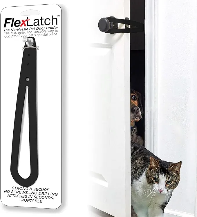 Cat Door Holder Latch - Black Cat Door Alternative Installs Fast Flex Latch Strap Let's Cats in and Keeps Dogs Out of Litter & Food. Safe Baby Proof One Piece No Measuring Extra Easy