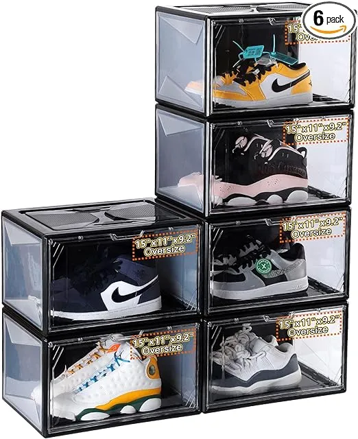 Shoe Storage Boxes Organizers 15" x 11" x 9.25" Extra Large Size Sneaker Display Shoe Containers Clear Plastic Stackable with Lids Magnetic Side