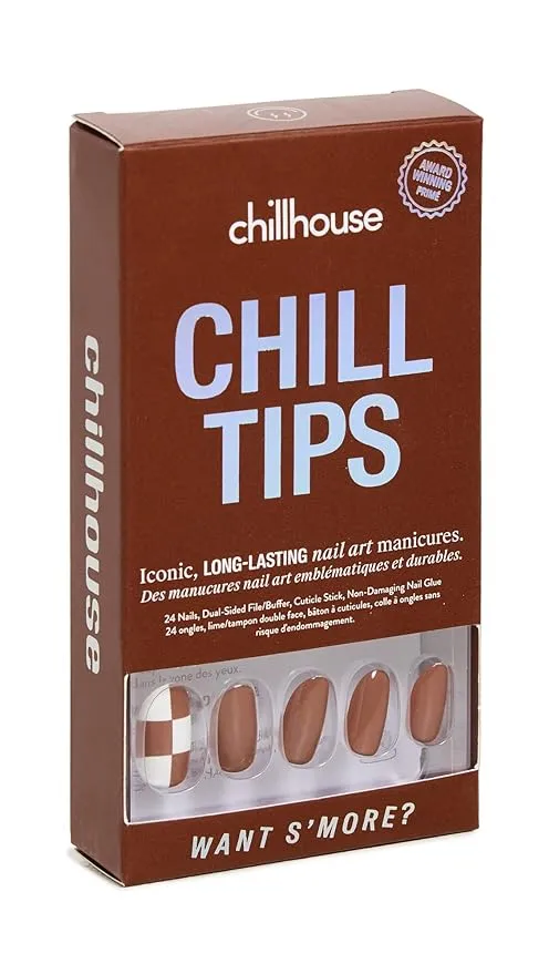 Chillhouse Chill Tips Signatures Press On Nails Kit, Want S'more? - 24 Nail Shapes & Sizes, Dual-Sided Buffer & File, Cuticle Stick & Glue - Long-Lasting Nail Art Manicures