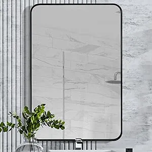 Black Bathroom Wall Mirror, 24x36 Inch Vanity Mirror, Brushed Matte Black Aluminum Alloy Metal Frame Rounded Corner Rectangular Mirror for Modern Farmhouse Home Decor