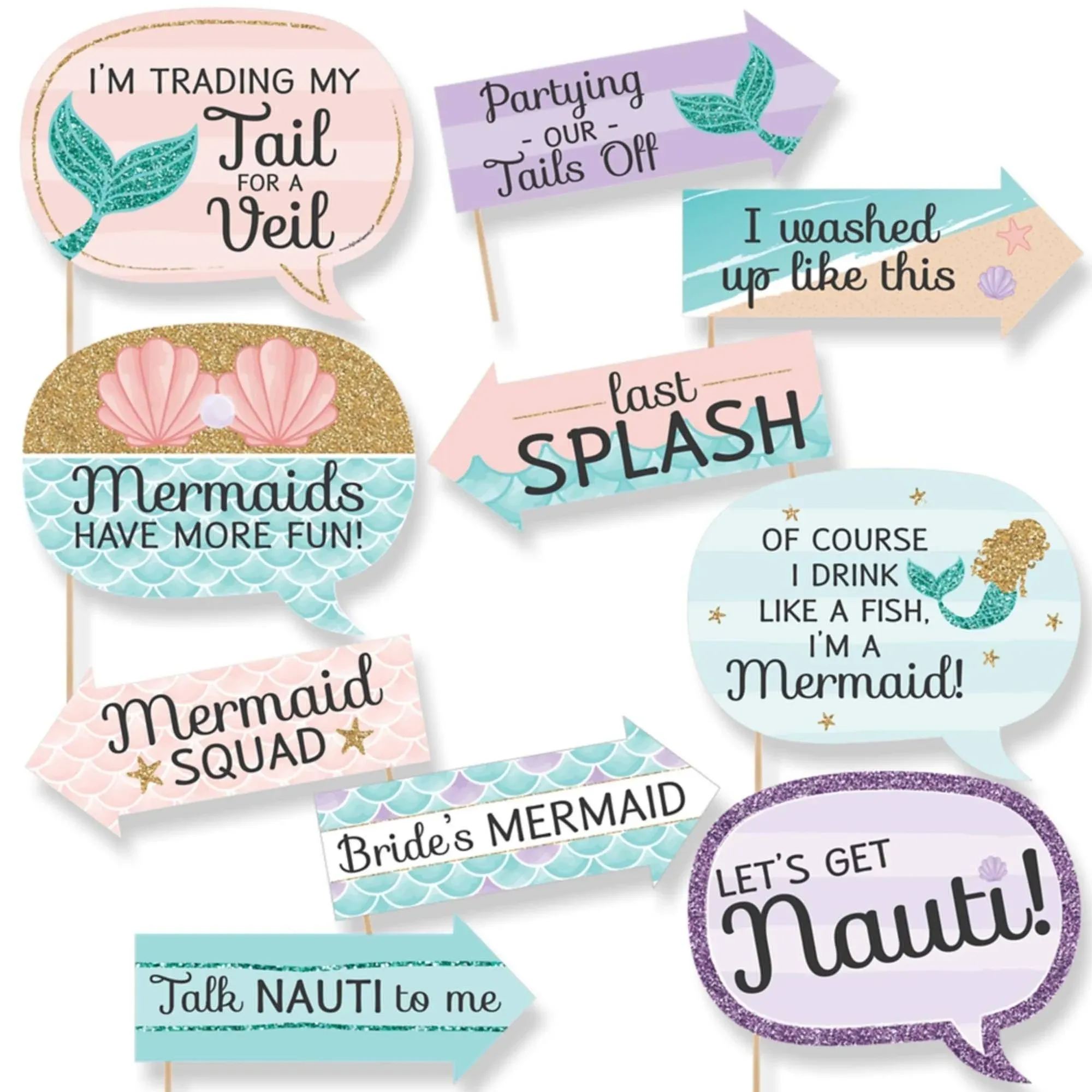 Big Dot of Happiness Funny Trading The Tail For A Veil - Mermaid Bachelorette Party or Bridal Shower Photo Booth Props Kit - 10 Piece