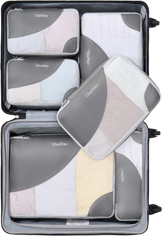 OlarHike 6 Set Packing Cubes for Travel, 4 Various Sizes(Large,Medium,Small,Slim) Luggage Organizer Bags for Travel Accessories Travel Essentials, Travel Cubes for Carry on Suitcases (Grey)