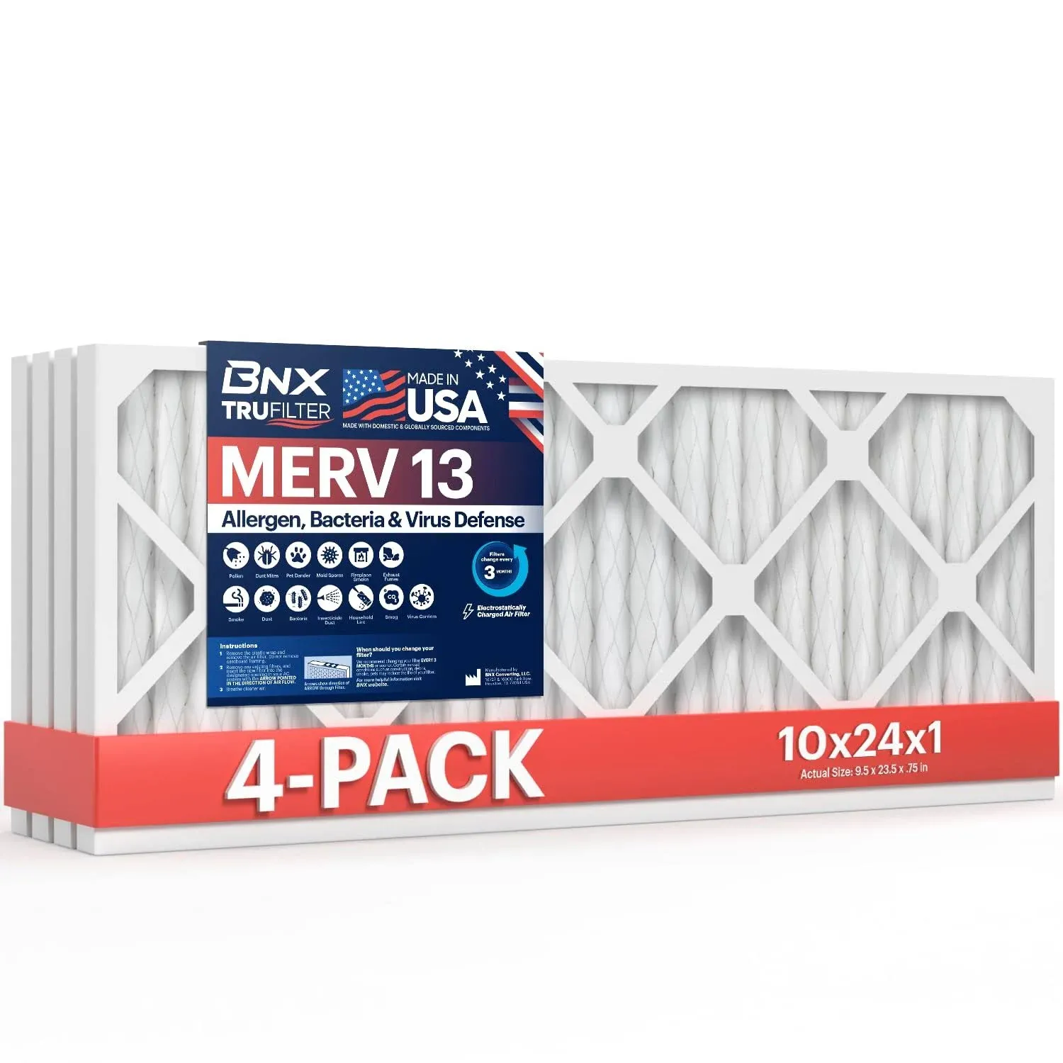 BNX TruFilter 20x24x1 Air Filter MERV 13 (4-Pack) - Made in USA - Electrostatic Pleated Air Conditioner HVAC AC Furnace Filters