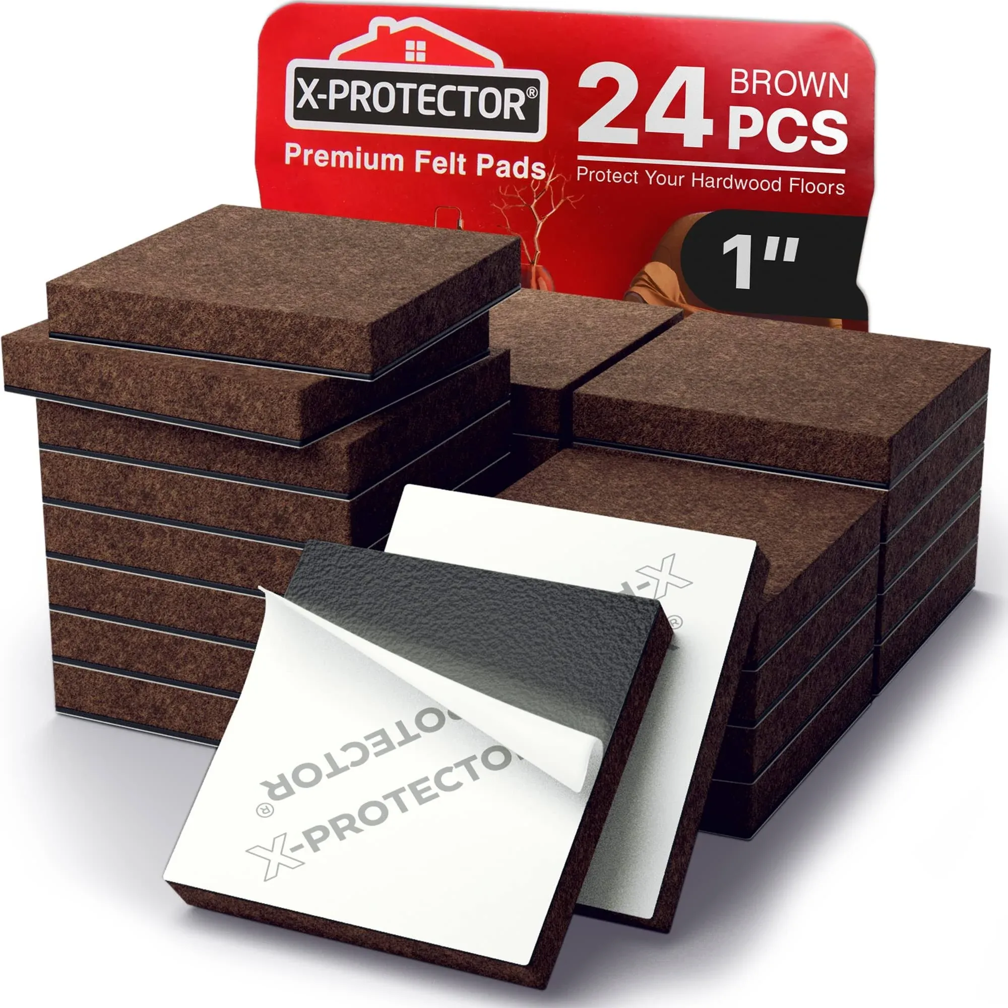 24 Heavy-Duty Felt Furniture Pads 1.5” 1/4” 1.5 inch 24 PCS Square, Brown 