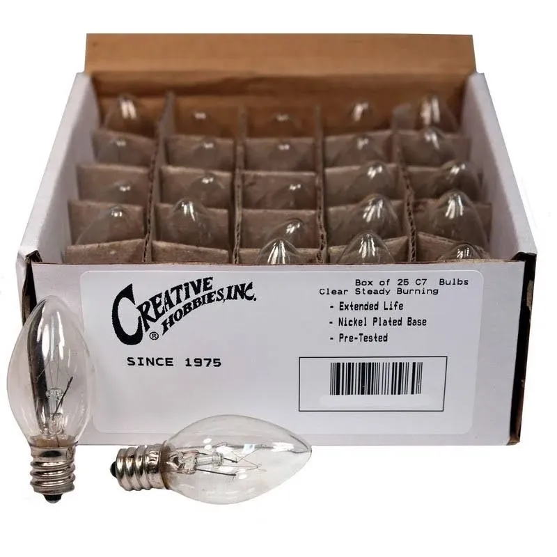 Creative Hobbies (25 Pack) Night Light Bulbs, C7, Clear, Steady Burning, 4 Watt, Candelabra Base E12 (Chandelier Size Base)