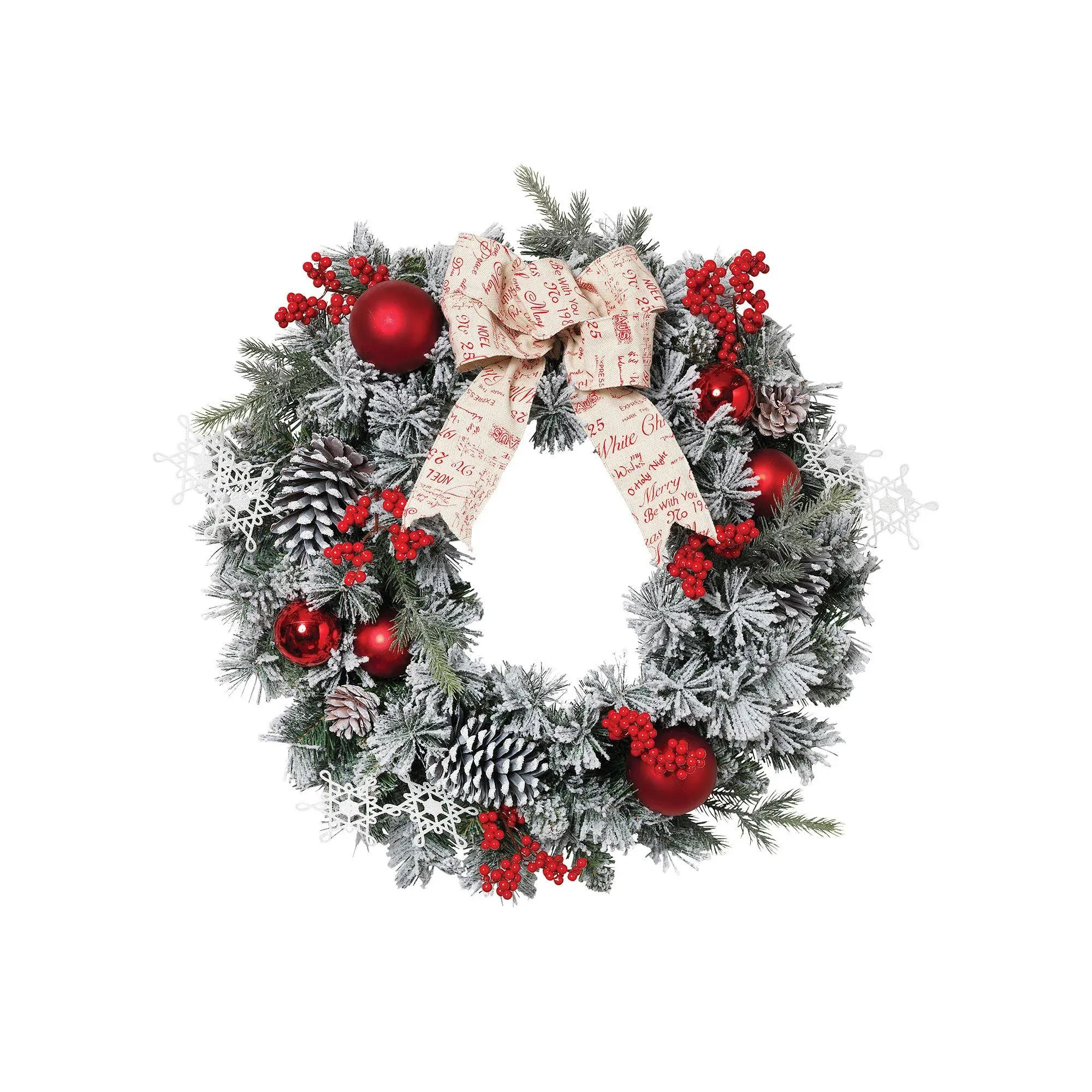 Accented Flocked Pine Wreath With Short/Long Needles, Berries and Ornaments