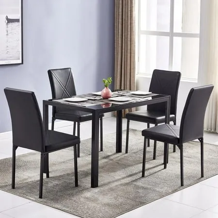 Ktaxon 5 PCS Dining Table Set Modern Tempered Glass Top and PVC Leather Chair w/4 Chairs Dining Room Kitchen Furniture