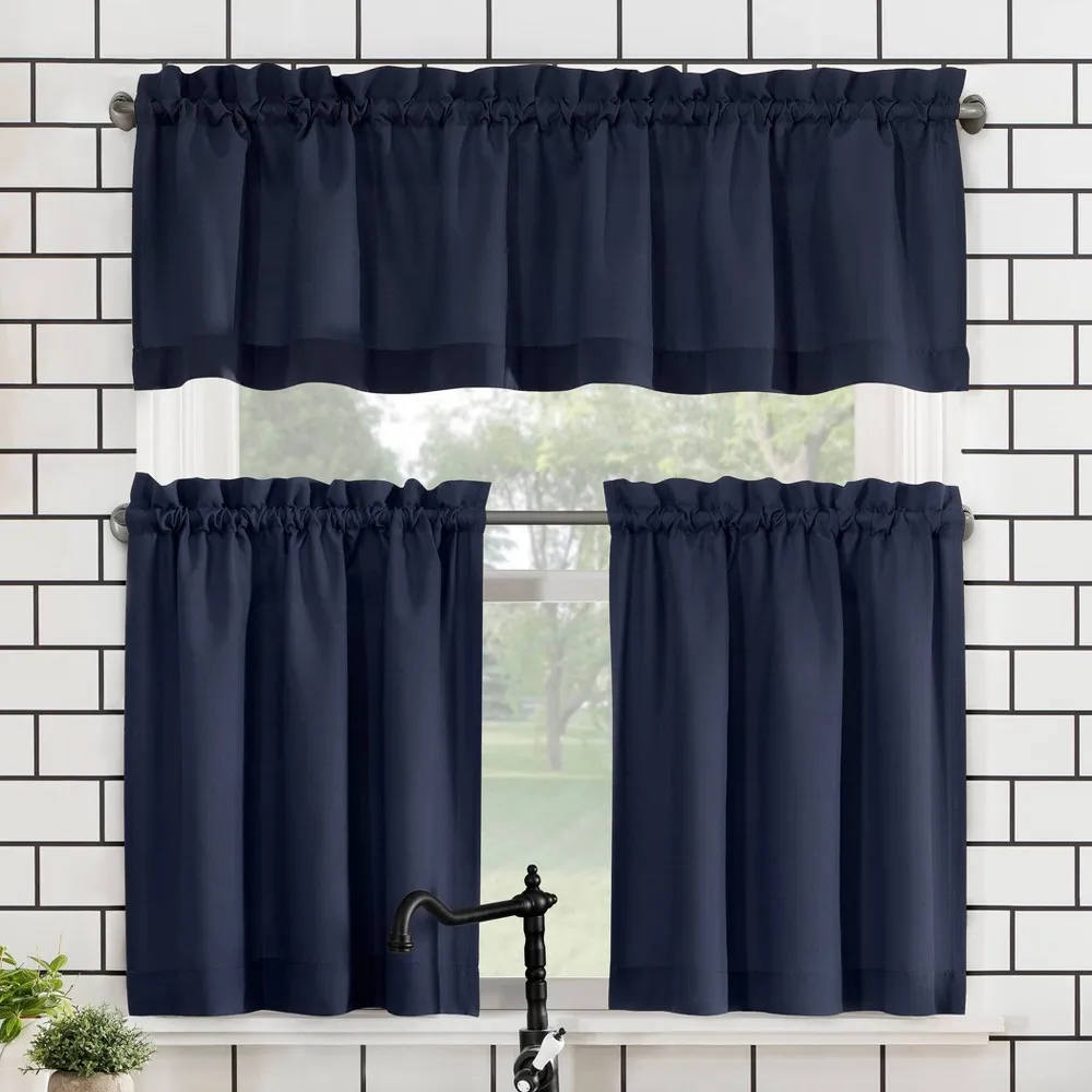 Martine Microfiber Semi-Sheer Rod Pocket Kitchen Curtain Valance and Tiers Set