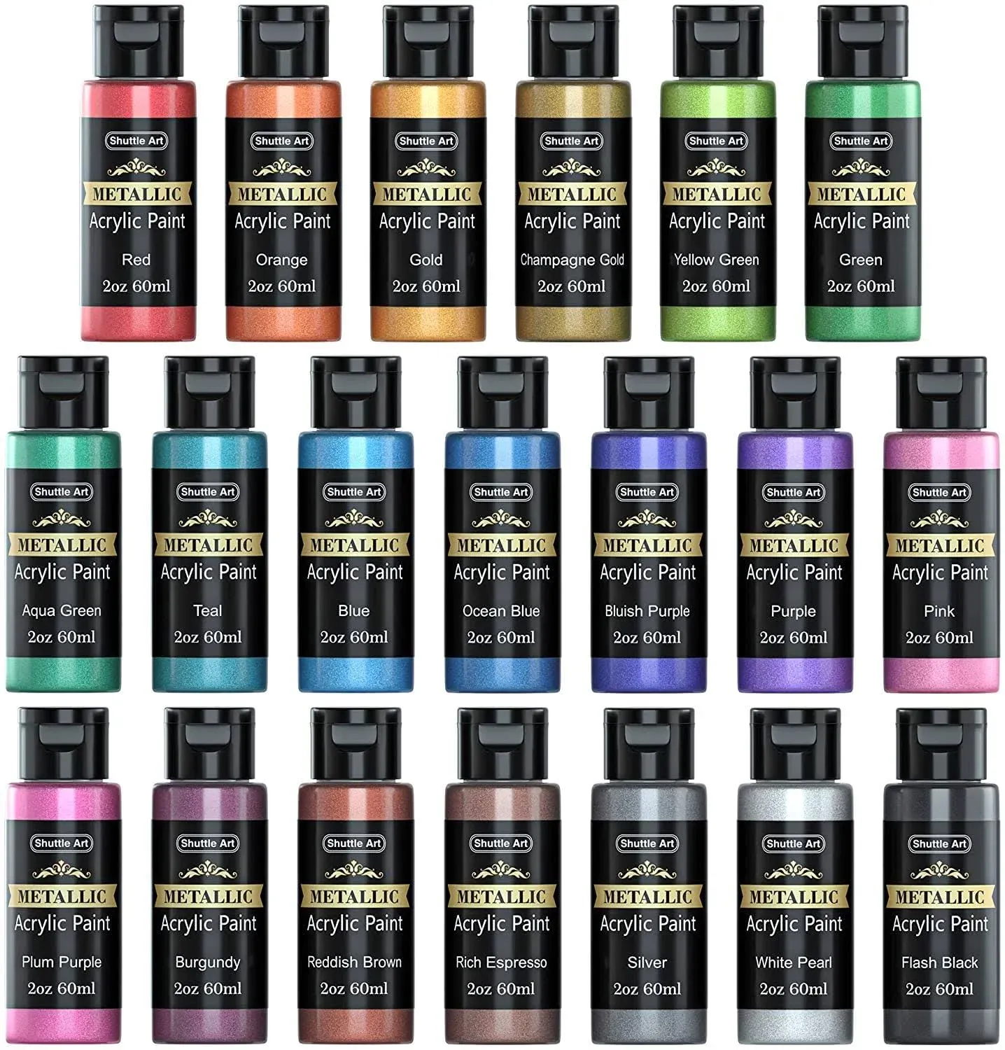 Shuttle Art Metallic Acrylic Paint Set, 20 Colors Metallic Paint in Bottles (60ml, 2oz) with 10 Brushes and 1 Palette, Rich Pigments, Non-Toxic for Artists, Beginners on Rocks Crafts CanvasWood Fabric