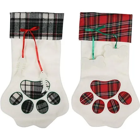 XINUY 2 Pairs Christmas Stockings Dog Cat Paws Plush Plaid Hanging Socks