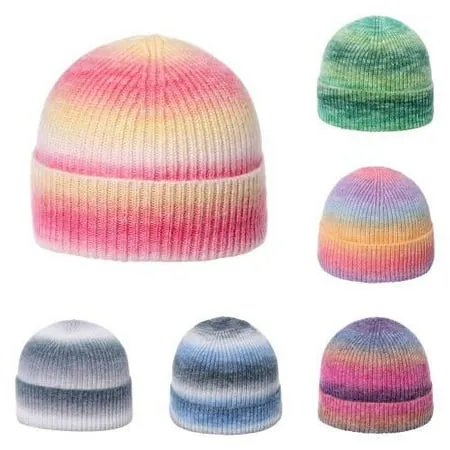 SPRING PARK Rainbow Striped Tie Dye Print Winter Wool Tie Dye Knit Beanie Hats for Women Cashmere Soft Warm Ski Hat Beanie Cap