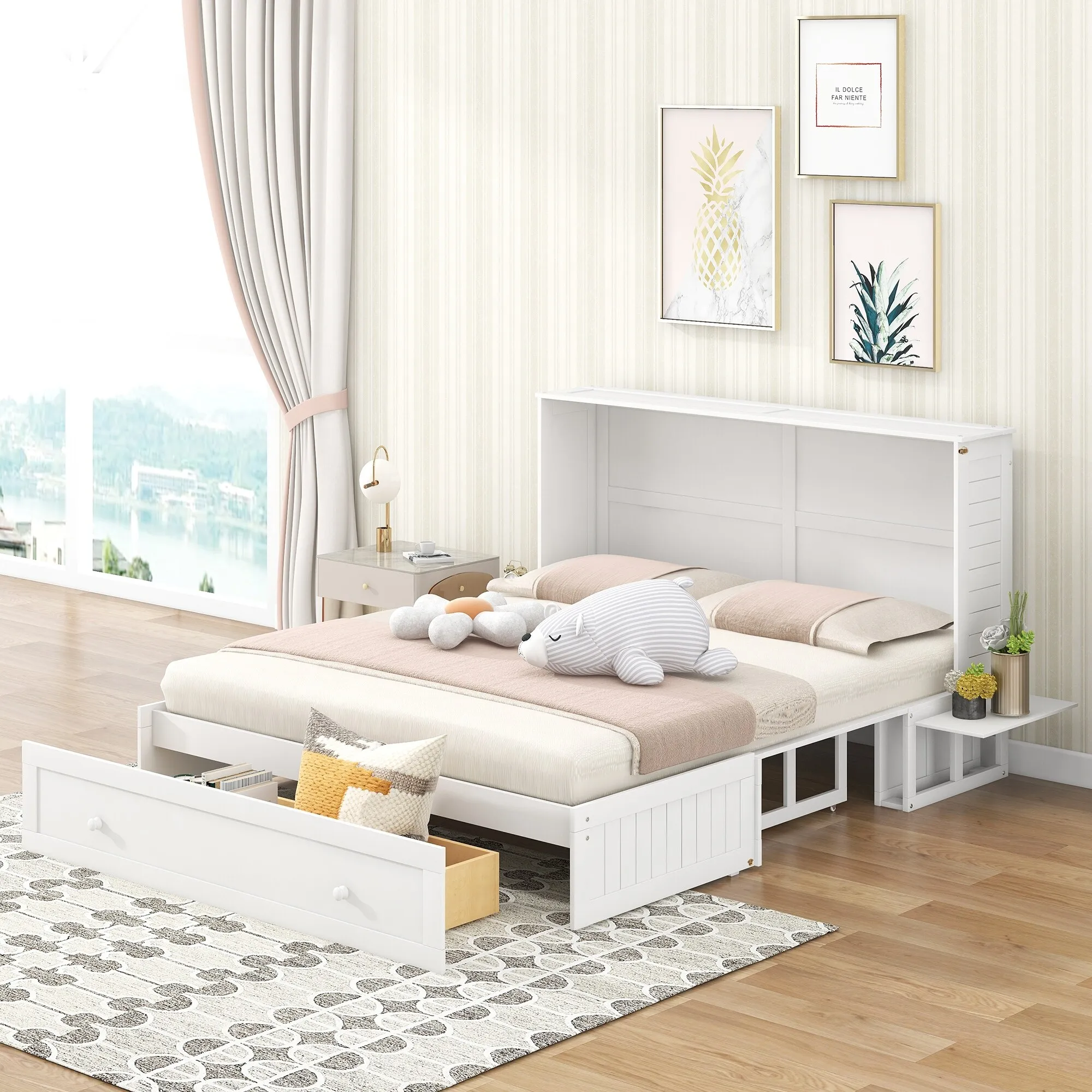 Queen Size Mobile Murphy Bed with Drawer and Little Shelves on Each Side,Storage Platform Bedframe for Home, White