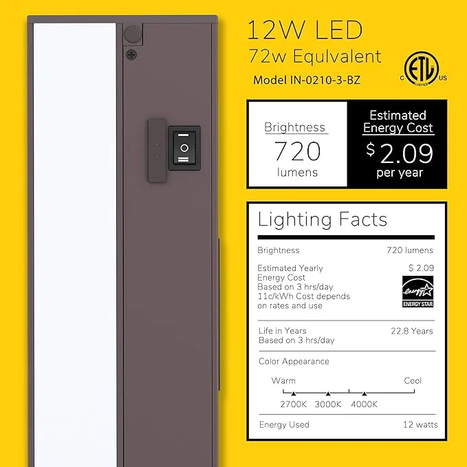 GETINLIGHT 24-inch LED Under Cabinet Lighting, Hardwired or Plugged-in, Warm White (2700K), Soft White (3000K), Bright White (4000K), Dimmable, Bronze Finished, IN-0210-3-BZ