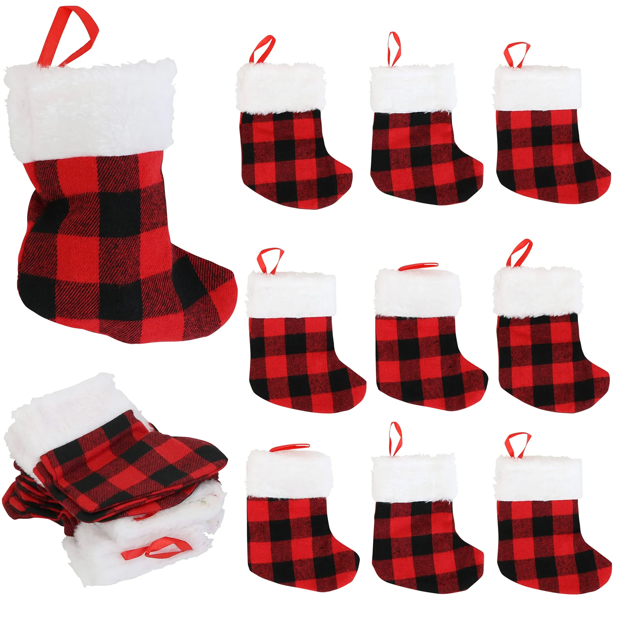 Iconikal Mini Christmas Stockings, Red Buffalo Plaid, 24 Pack