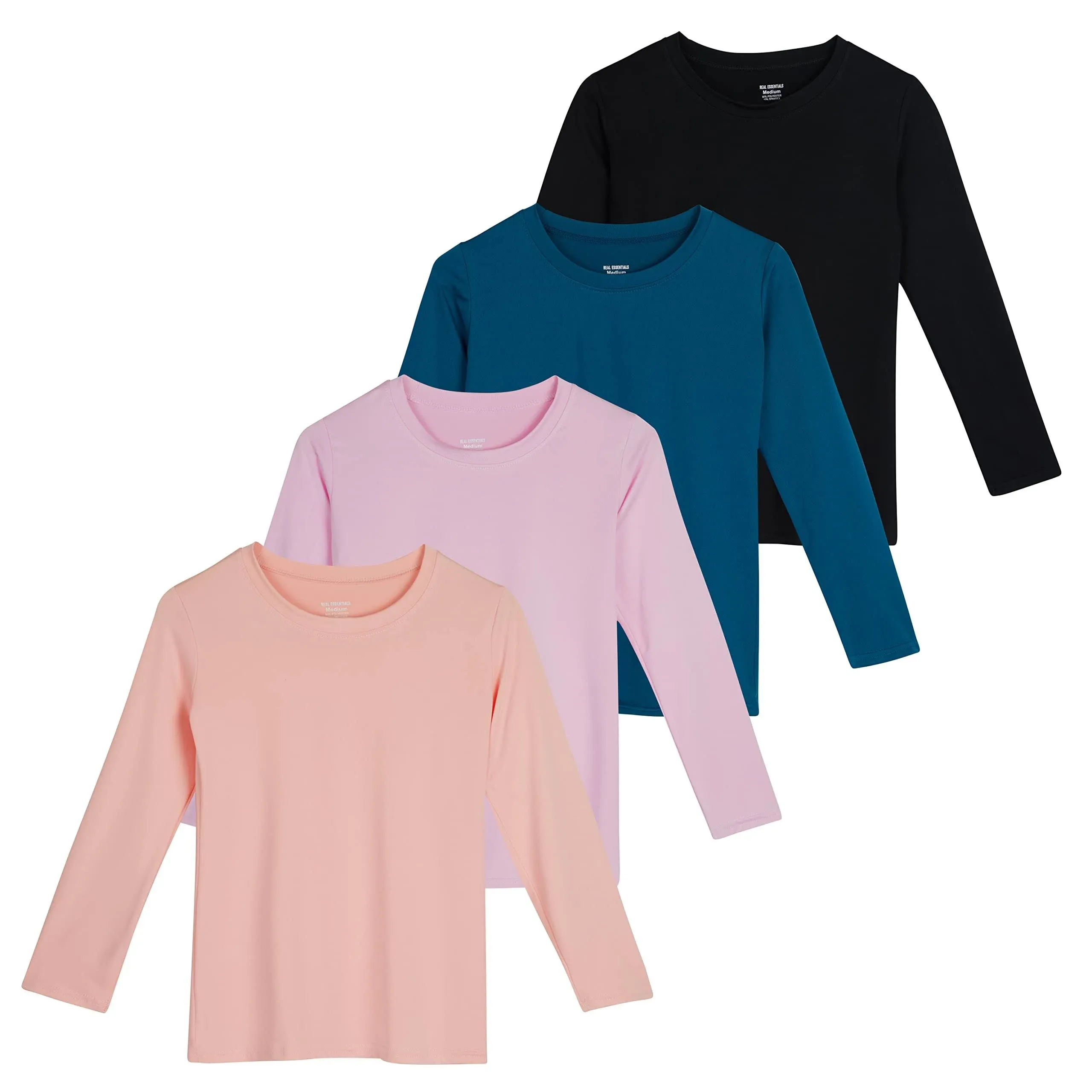 Real Essentials 4 Pack: Girls Dry-Fit Long Sleeve Active Crew Neck T-Shirt - Super Soft Tee