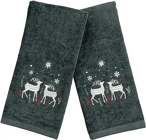 Holiday Christmas Bathroom Guest Hand Towels, 100% Cotton, Set of 2, 16 x 25 inches, Let it Snow Snowflakes White on Dark Grey