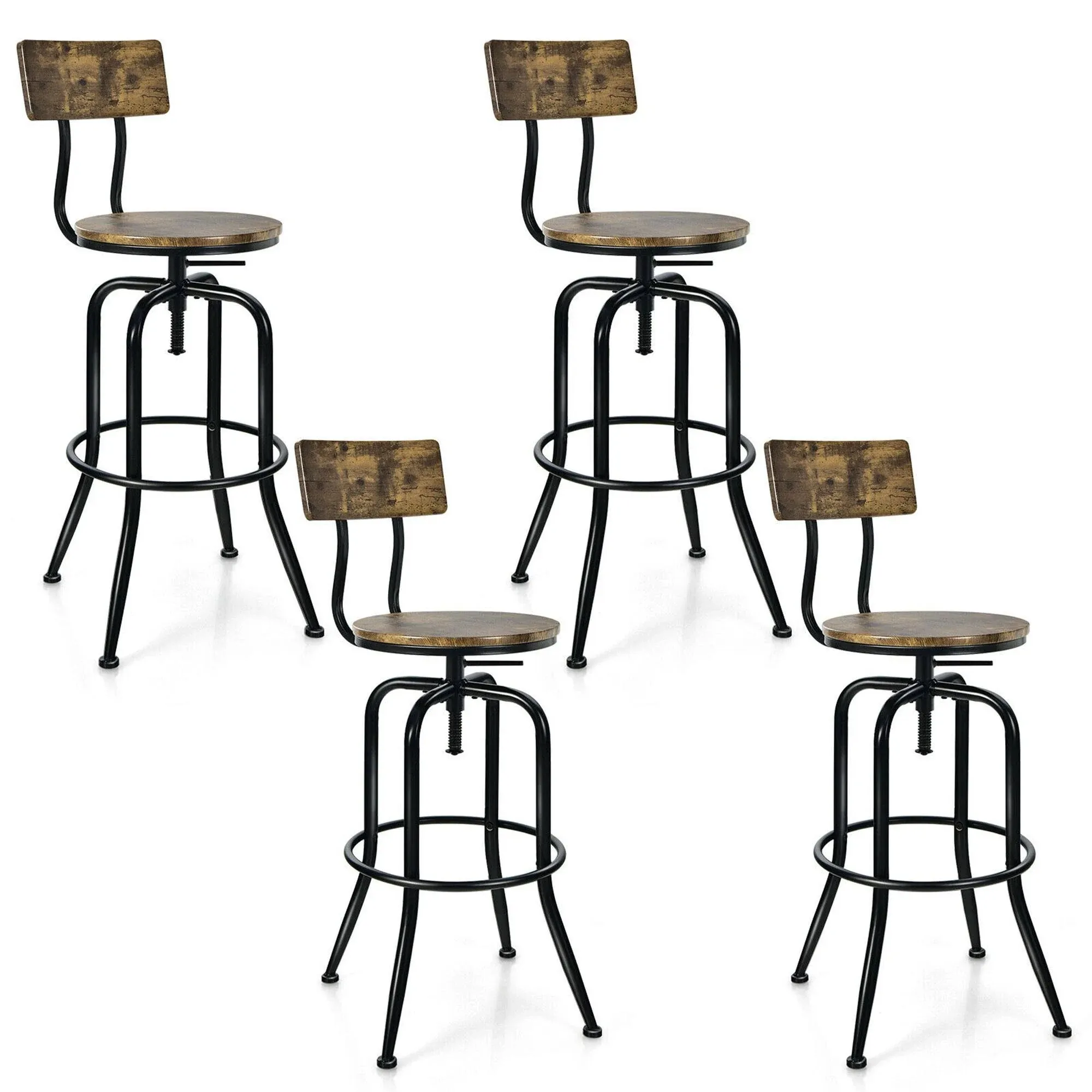 Costway Set of 4 Industrial Bar Stool Adjustable Swivel Counter-Height Dining ...