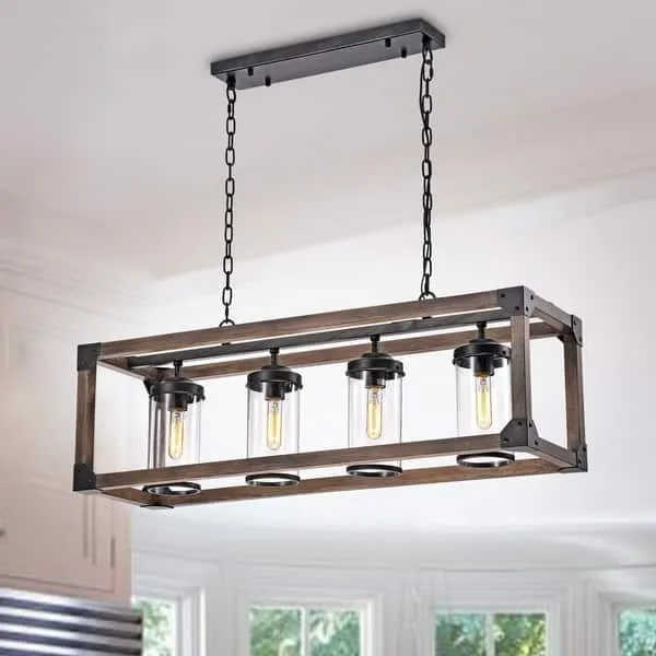 Daniela Chic Antique Black Metal and Wood Bubble Glass Cylinders Rectangular Pendant Chandelier