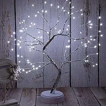 FuChsun Bonsai Tree Light 108 LED White Shimmer Silver Branches Battery and USB Operated (White Glow Silver Branch)