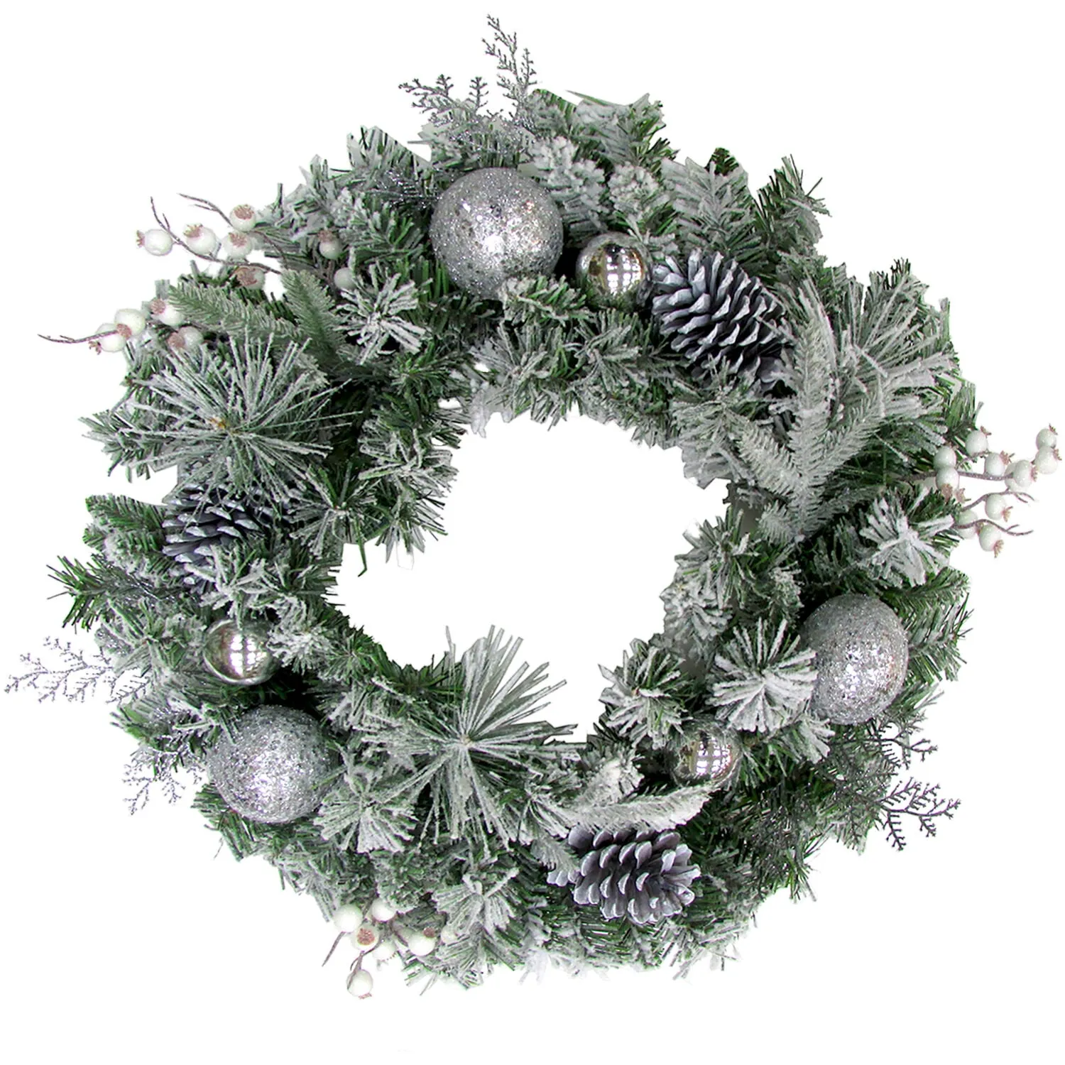 Fraser Hill Farm PVC Decorated Pine Christmas Frosted Door Hanging Wreath, with Ornaments Cones Berries 24" (Green)