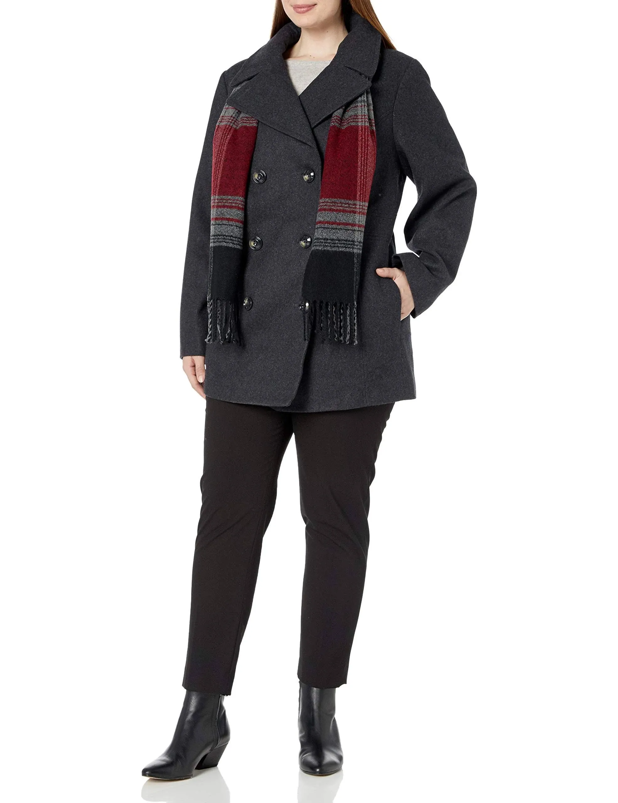 London Fog Women's Double Breasted Peacoat with Scarf