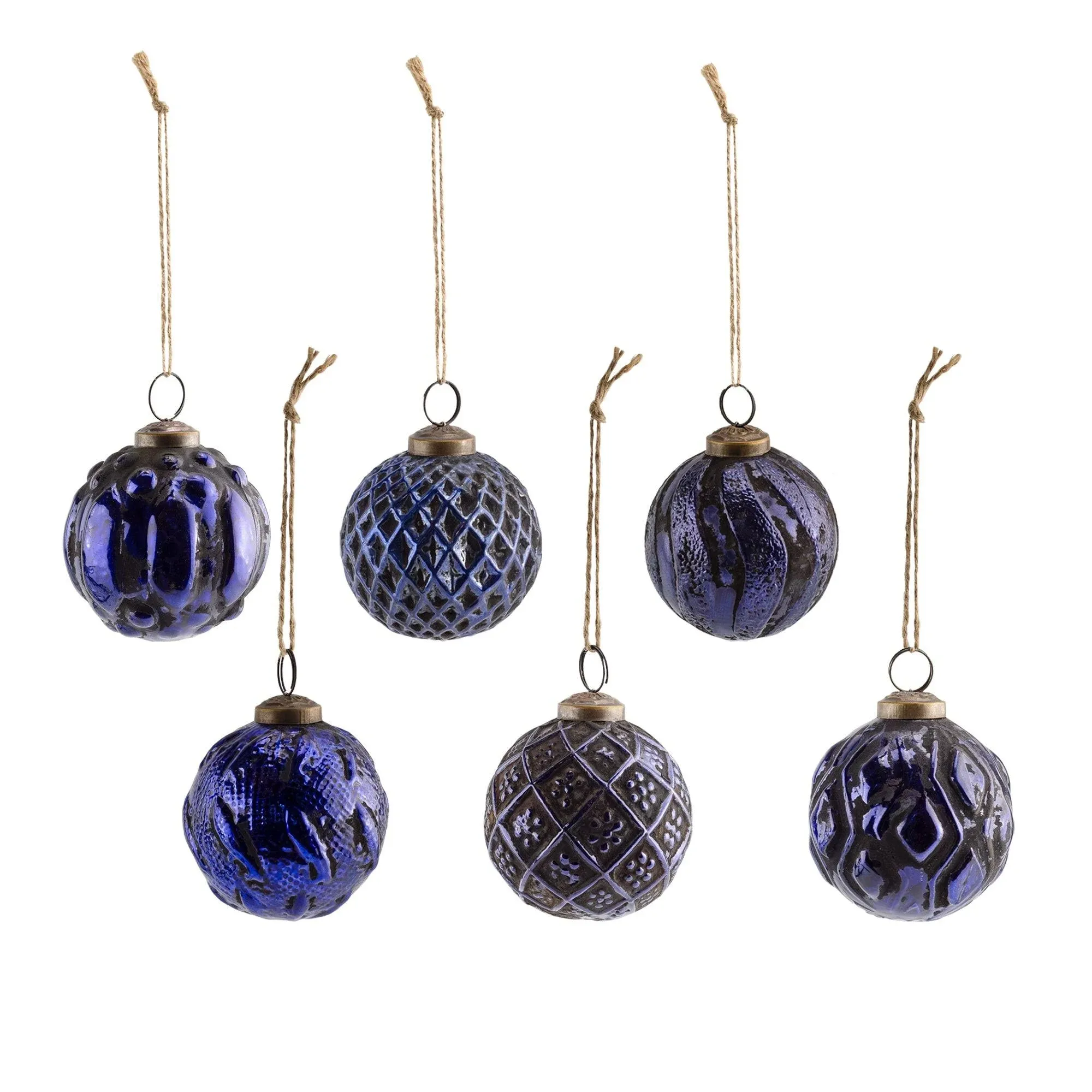 AuldHome Design Farmhouse Ball Ornaments (Set of 6, Blue); Distressed Metal Glass Ball Vintage Style Navy Blue Christmas Decorations