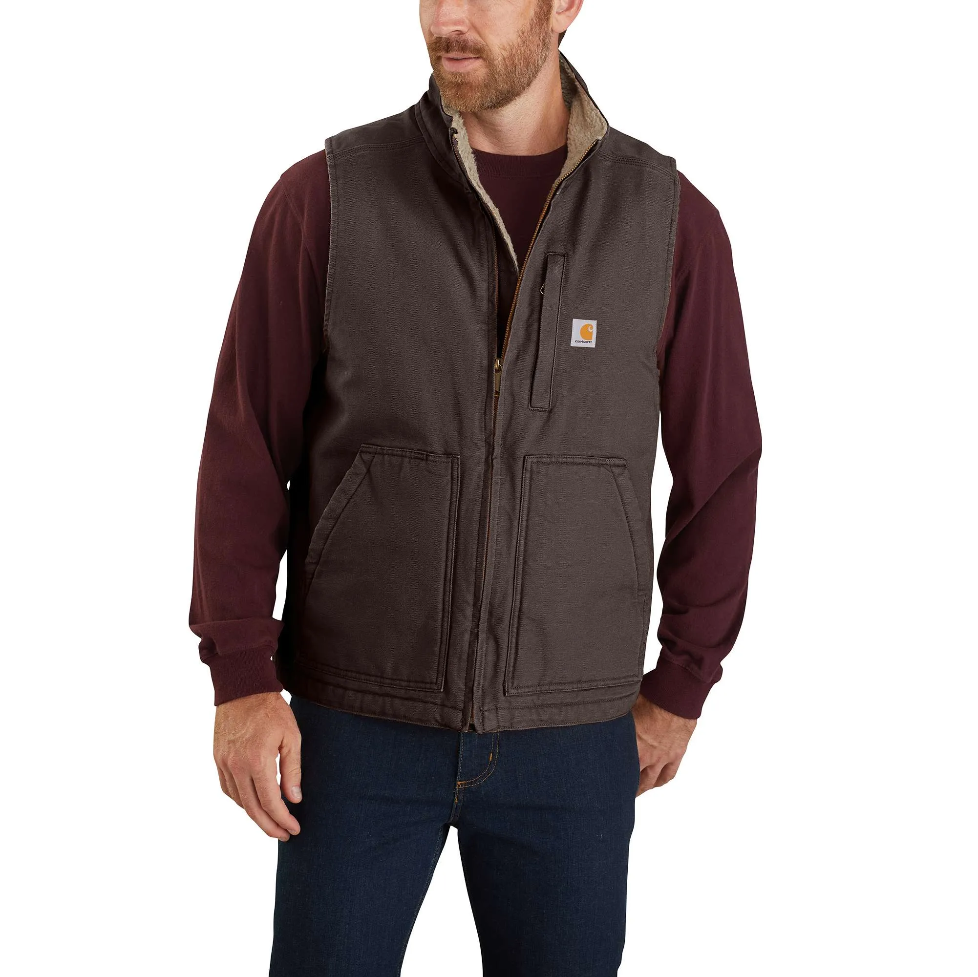 Carhartt Men's Medium Dark Brown Washed Duck Sherpa Lined Mock Neck Vest